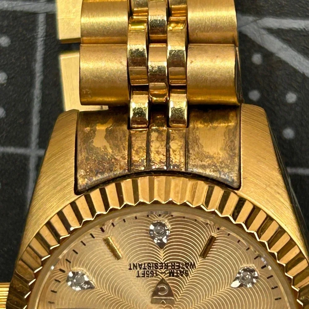 Croton Automatic Gold Tone Watch Fluted‎ Bezel Crystal Markers Tested
